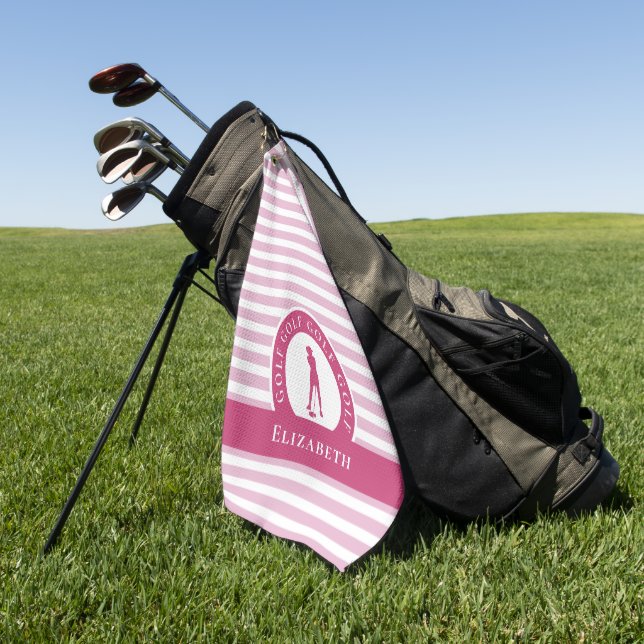 Golfer Female Golf Silhouette Monogram Name Pink Golfhandtuch (Gras)