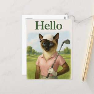 Golfer Frau mit Hallo Text auf Grün Postkarte