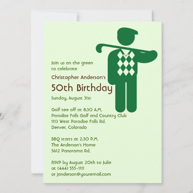 Golfer Golf Golfing Green Brown 50. Geburtstag Einladung (Vorderseite)