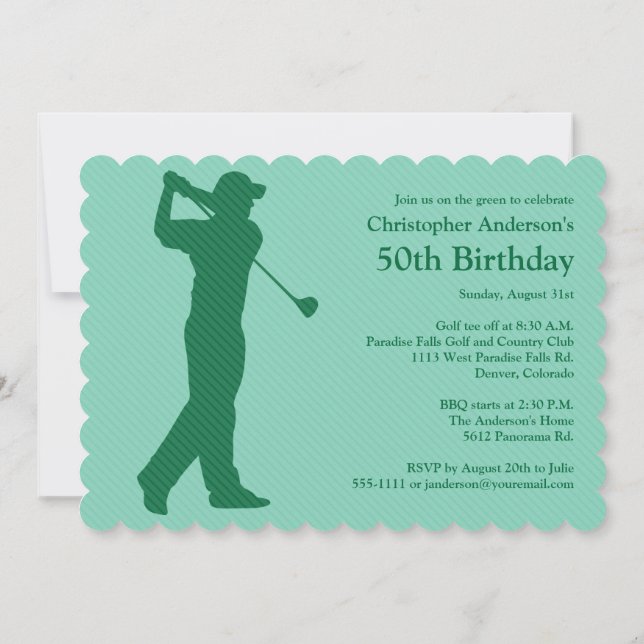 Golfer Golf Vert Blanc 50e anniversaire Invitation (Dos)