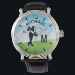 Golfer Golfplatz Individuelle Name 3-D Monogram Armbanduhr<br><div class="desc">Eine ganz eigene, einzigartige Golfliebhaberuhr - geschmackvoll erledigt - bereit zum Laufen - landschaftlich - Golfer in Aktion - und personalisieren Sie auch mit einem individuellen Zwei-Töne-Monogramm und ihrem Namen. Das ist ein großartiges Geschenk für alle Herren Golfliebhaber - Spaß / attraktiv / einzigartig. Wenn Sie Fragen zum Design oder...</div>