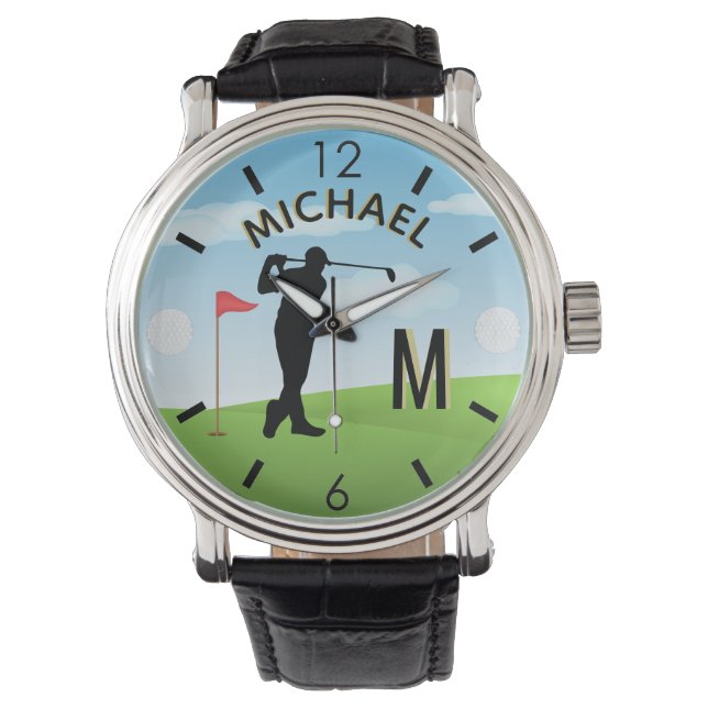 Golfer Golfplatz Individuelle Name 3-D Monogram Armbanduhr (Vorderseite)