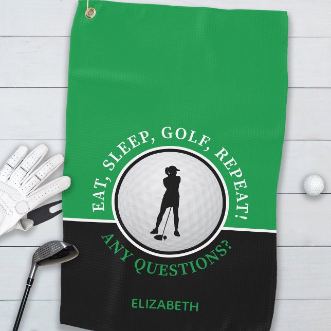 Golfer Lady Silhouette Golf Ball Zitat Black Green Golfhandtuch (Golfer Lady Silhouette Golf Ball Quote, "Eat, Sleep, Golf, Repeat!.." Black Green Golf Towel For Her)