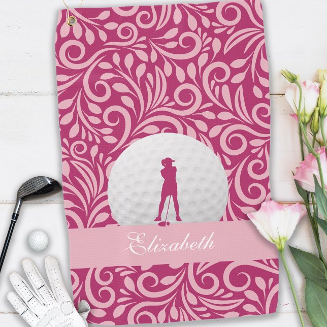 Golfer Lady Silhouette Pink Girly Individuelle Nam Golfhandtuch (Von Creator hochgeladen)