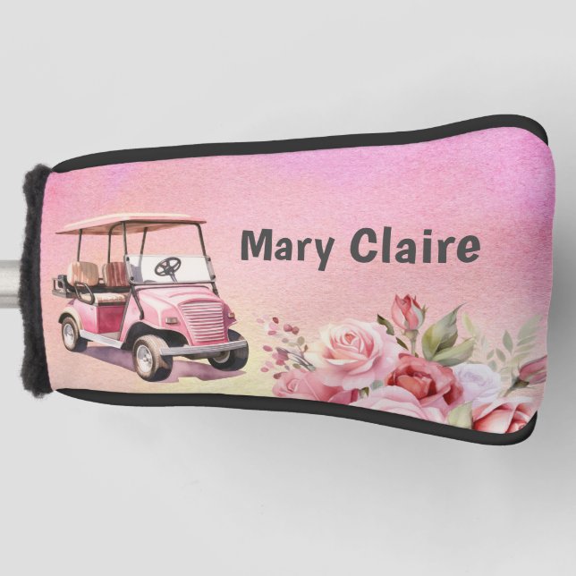 Golfer mit Golfwagen auf dem Golfplatz Aquarell Golf Headcover (Vorderseite)