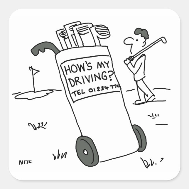Golfer mit Sign Sprichwort Wie fahre ich? Funny Quadratischer Aufkleber (Vorderseite)