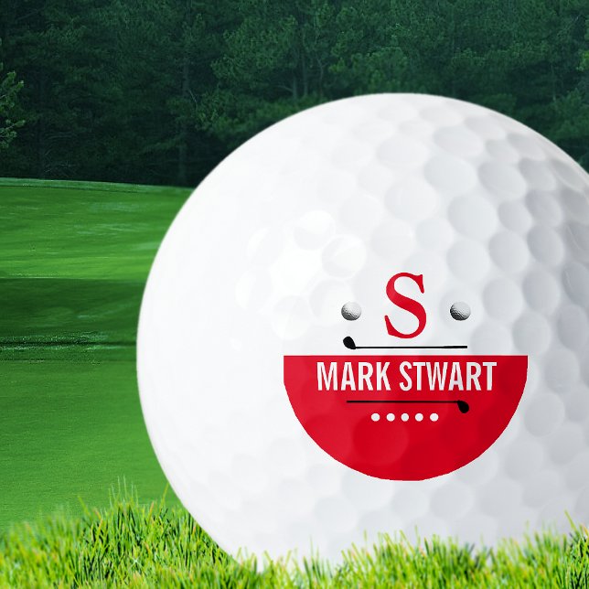 Golfer Modern Red White Monogram Golf Balls Golfball (Von Creator hochgeladen)