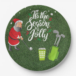 Golfer Santa Claus golft unter Schnee Weihnachten Pappteller