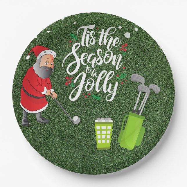 Golfer Santa Claus golft unter Schnee Weihnachten Pappteller (Vorderseite)