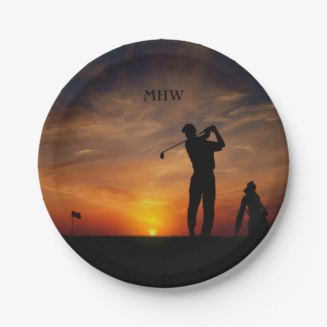 Golfer Sunset benutzerdefinierte Monogramm-Teller Pappteller (Vorderseite)