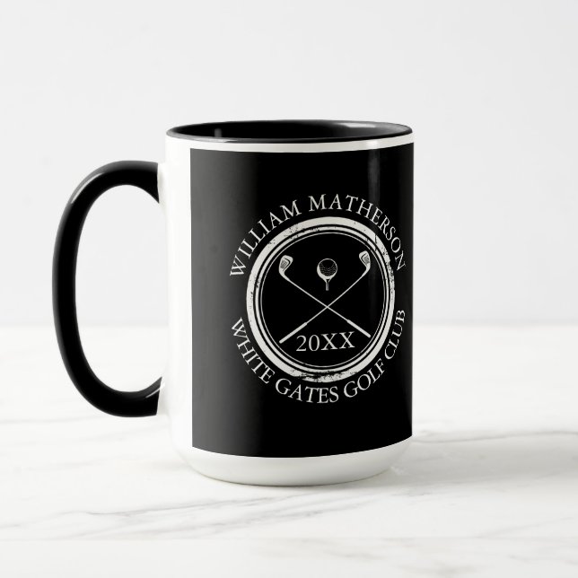 Golfer und Clubname Datum Schwarz und Weiß Tasse (Links)