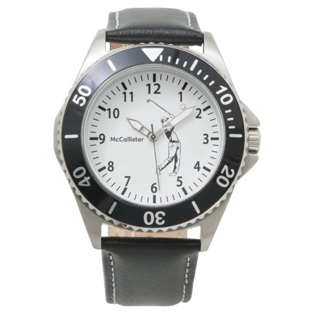 Golfer und Personalisierter Name und Jahr Armbanduhr (Vorderseite)