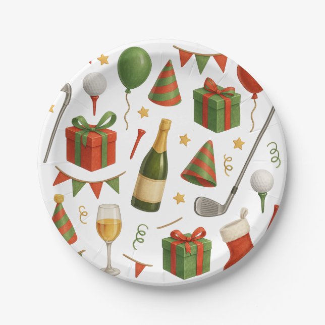 Golfer Weihnachts-Party zum Thema Golfer Champagne Pappteller (Vorderseite)
