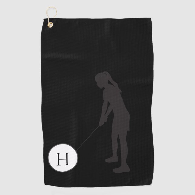 Golferinnen Schwarz und Weiße Silhouette Golferinn Golfhandtuch (Vorderseite)