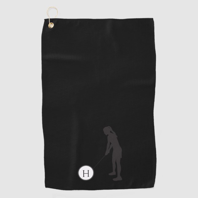 Golferinnen Schwarz und Weiße Silhouette Golferinn Golfhandtuch (Vorderseite)