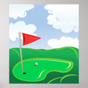 Golfgrün mit roter Flagge und Ball Poster