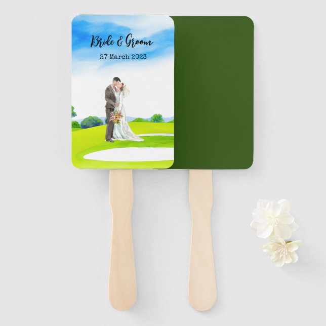 Golfhochzeit auf Golfplatz Braut und Gräuel Gesche Fächer (Vorne und Hinten)