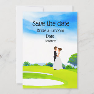 Golfhochzeit Braut und Bräutigam auf dem Golfplatz Einladung