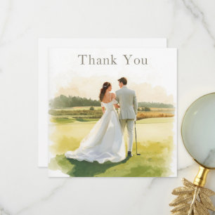 Golfhochzeit mit Braut und Bräutigam mit Text Dankeskarte