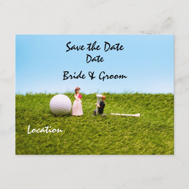 Golfhochzeit mit Braut und Bräutigam Save the Date Postkarte (Vorderseite)