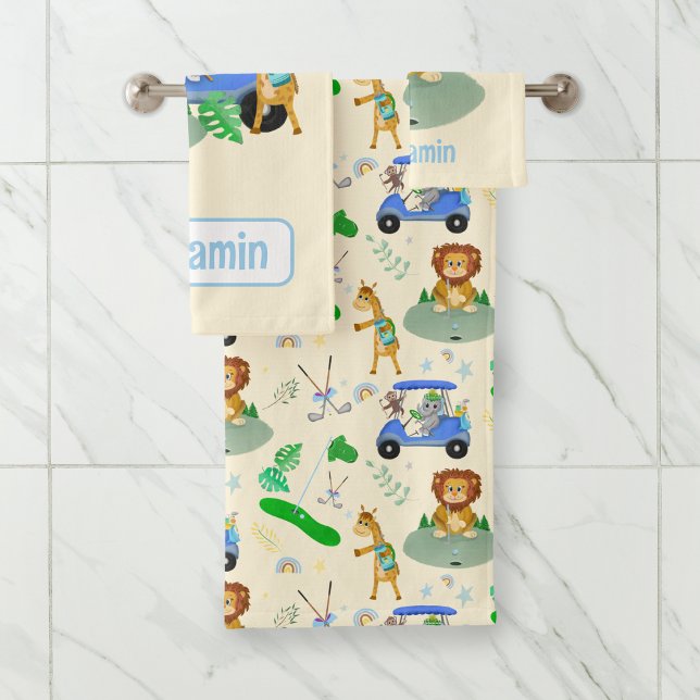 Golfing Jungle Animals Baby personalisieren Badhandtuch Set (Von Creator hochgeladen)