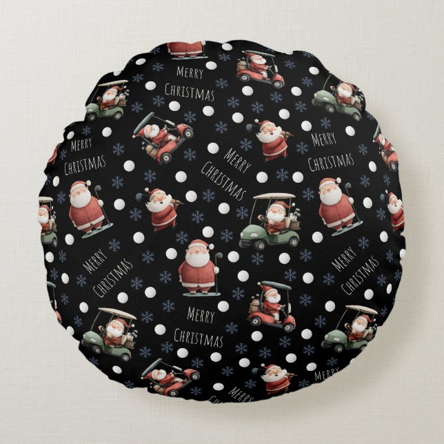 Golfing Santa on Black Rundes Kissen (Vorderseite)