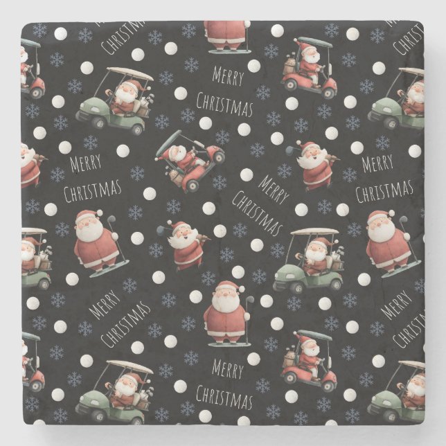 Golfing Santa on Black Steinuntersetzer (Vorderseite)