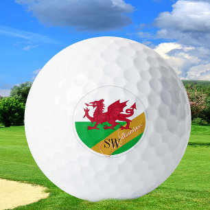 Golfing Wales & Monogram, walisische Flagge /golde Golfball
