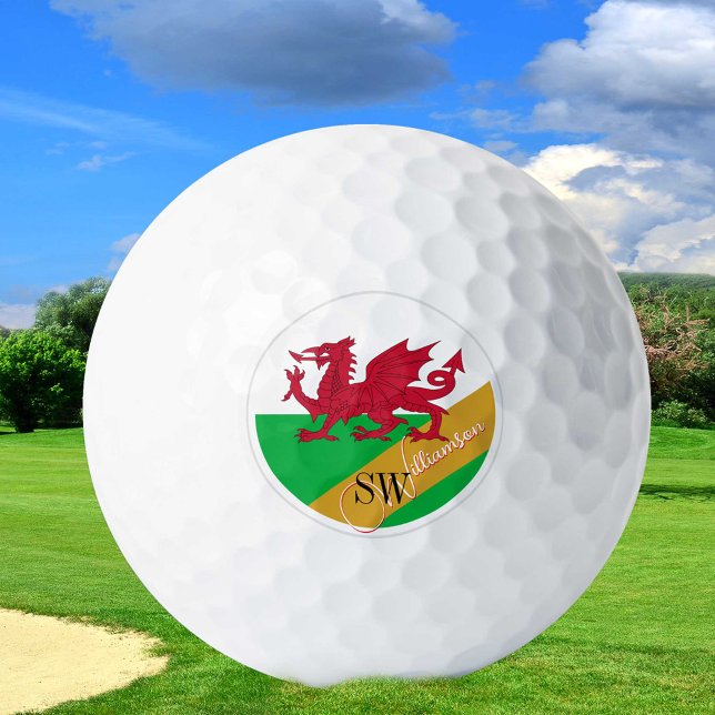 Golfing Wales & Monogram, walisische Flagge /golde Golfball (Von Creator hochgeladen)