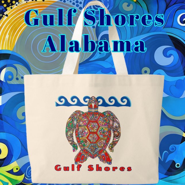 Golfküste Alabama farbenfrohe Mosaikschildkröte Jumbo Stoffbeutel (Colorful fun travel souvenir featuring a majestic sea turtle. Check out the choices of bag styles.)