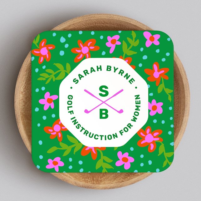 Golflehrerin Golf Pro Floral Monogram Sq Quadratische Visitenkarte (Von Creator hochgeladen)