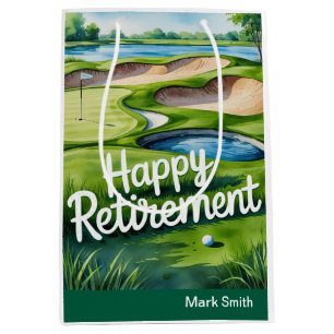 Golfplatz mit Text Happy Rente on green Mittlere Geschenktüte