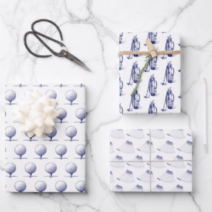 Golfschläger, Golfbags, Golf-Tee blau Geschenkpapier Set