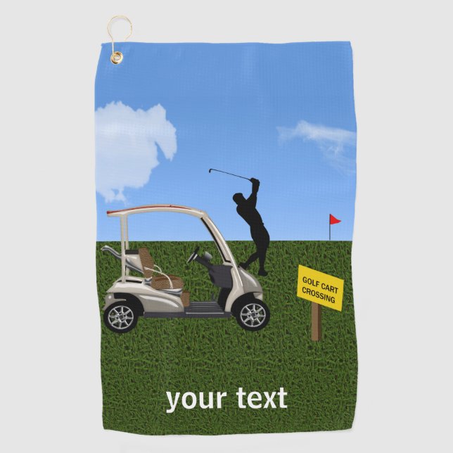 Golfspieler, der Schuss neben seinem Wagen nimmt Golfhandtuch (Vorderseite)