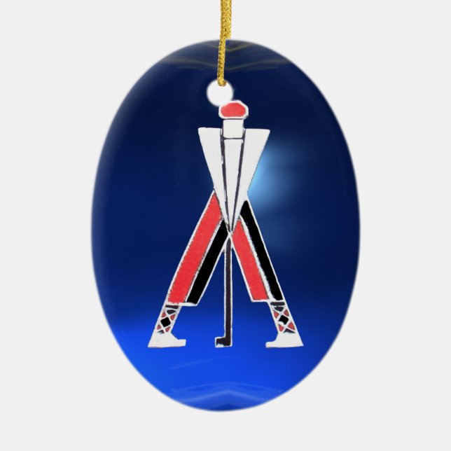 GOLFSPIELER, GOLFER RED RUBY, BLAUE SAPPHIRMONOGRA KERAMIKORNAMENT (Vorne)