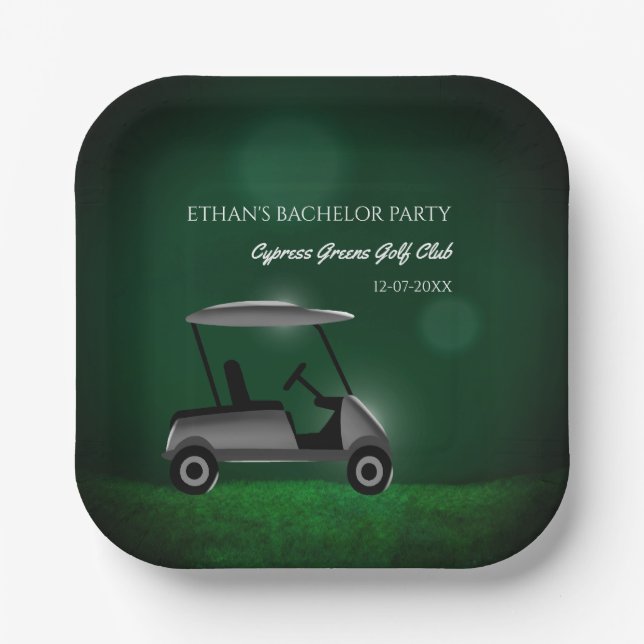 Golfspieler Golfwagen mit grünem Golf Bachelor-Par Pappteller (Vorderseite)