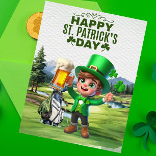 Golfspieler mit Bier und Kleeblatt zum St. Patrick Feiertagskarte