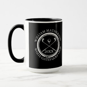 Golfspieler und Club Name Datum Schwarzweiß Tasse