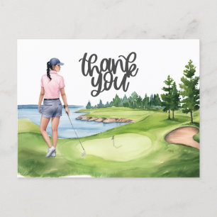 Golfspielerin auf einem Golfplatz Aquarell Postkarte