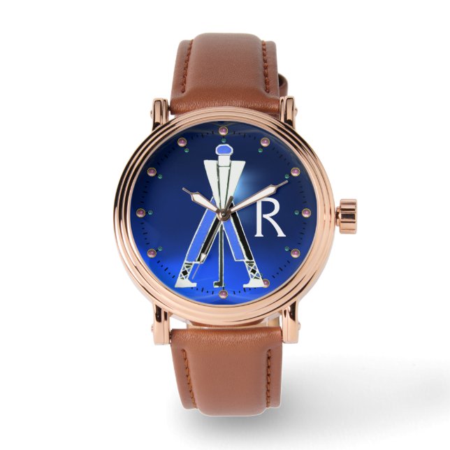 GOLFSPIEMONOGRAM, STYLIZIERTER WEISSER BLAUER GOLF ARMBANDUHR (Vorderseite)