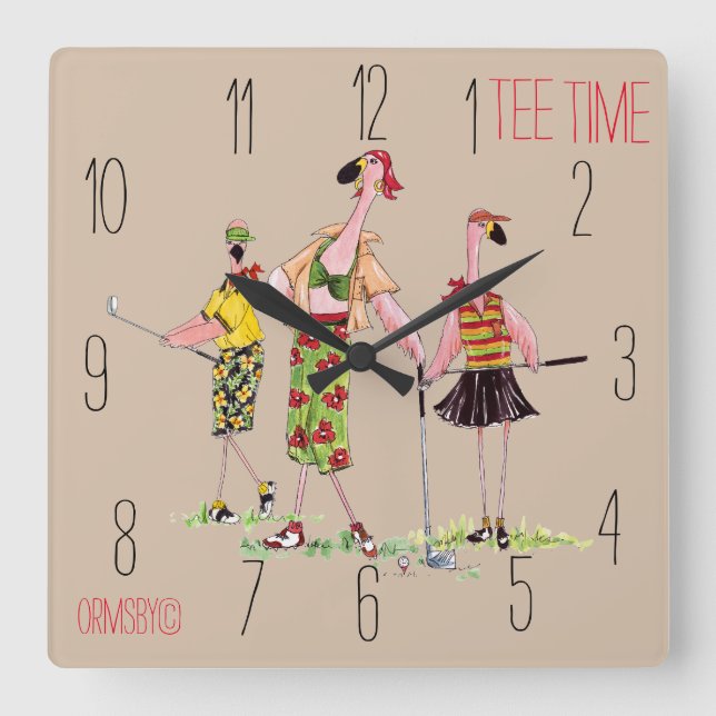 Golfuhr - Flamingo-Teezeit Quadratische Wanduhr (Vorderseite)