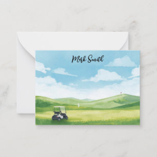 Golfwagen auf dem Platz mit dem Namen für Golfer Mitteilungskarte