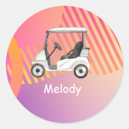 Golfwagen auf rosa farbigem Hintergrund mit Namen Runder Aufkleber