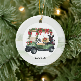 Golfwagen auf Weihnachtshintergrund für Golfer Keramik Ornament