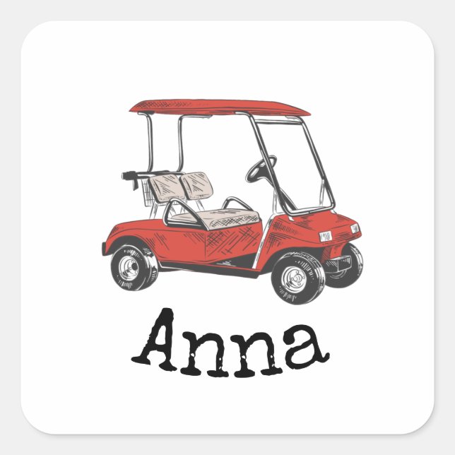 Golfwagen ist rot mit Namen Quadratischer Aufkleber (Vorderseite)