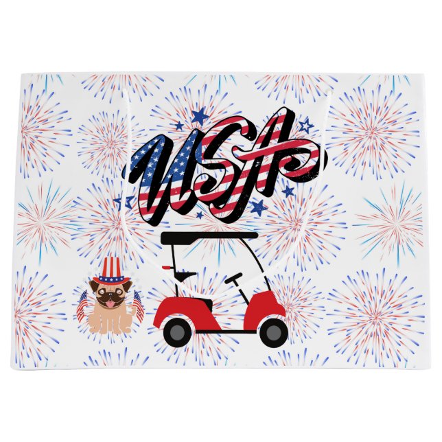 Golfwagen mit Flagge von Amerika für 4. Juli    Große Geschenktüte (Vorderseite)