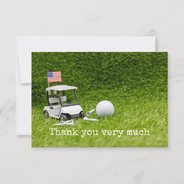 Golfwagen mit Golfball und amerikanischer Flagge Dankeskarte (Vorderseite)