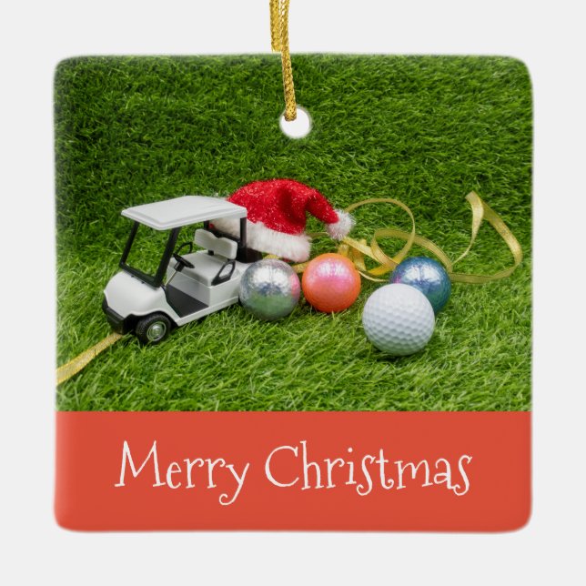 Golfwagen mit Golfbälle und Weihnachtsgeschenke Keramikornament (Vorderseite)