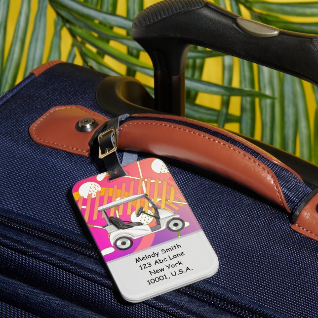 Golfwagen mit Name und Anschrift Rosa Regenbogen Gepäckanhänger (Vorderseite Insitu 1)