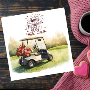 Golfwagen mit roten Rosen auf grünem Gras Valentin Feiertagskarte